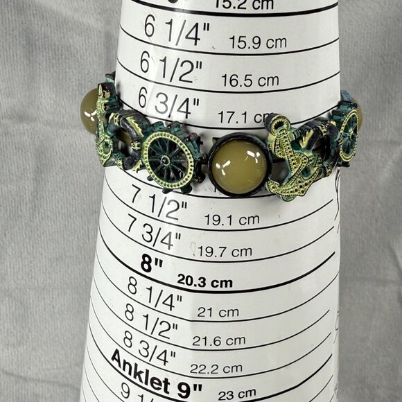 Nautical-Themed Stretch Bracelet Aged Patina Finish Tan Green Accents Distressed - Picture 3 of 16